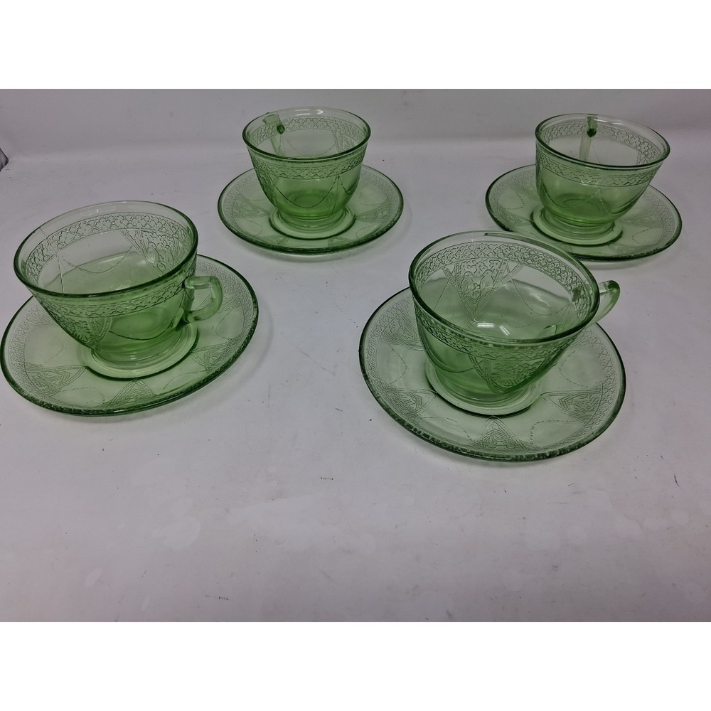 4pc Federal Georgian Lovebirds Green Depression Glass Cup & Saucer Uranium Glows